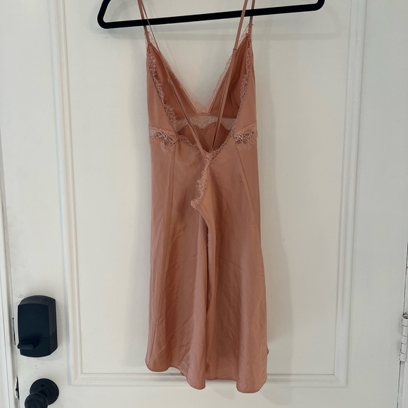 light Pink/taupe  Satin Chemise with Plunging V-Neck and Spaghetti Straps - Picture 2 of 5